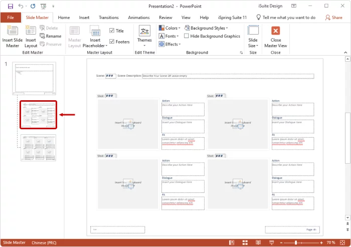 A screenshot of the left side menu showing how to choose the storyboard layout to edit in PowerPoint