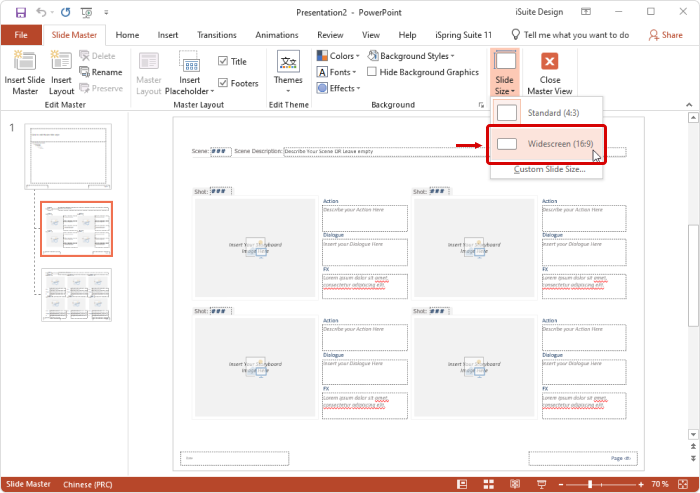 A screenshot showing how to edit the slides' size in a storyboard PowerPoint template