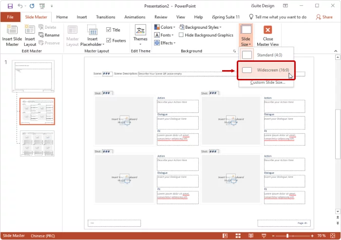 A screenshot showing how to edit the slides' size in a storyboard PowerPoint template