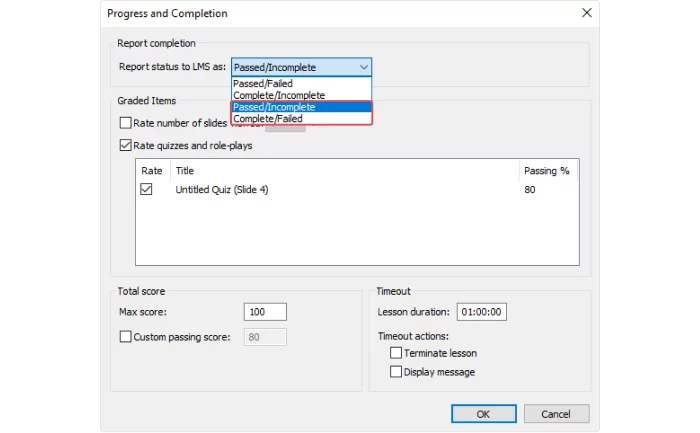 Progress and Completion settings in iSpring Suite