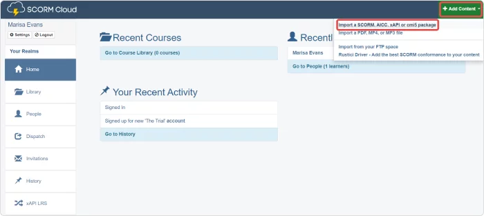 Adding a content to the SCORM Cloud platform