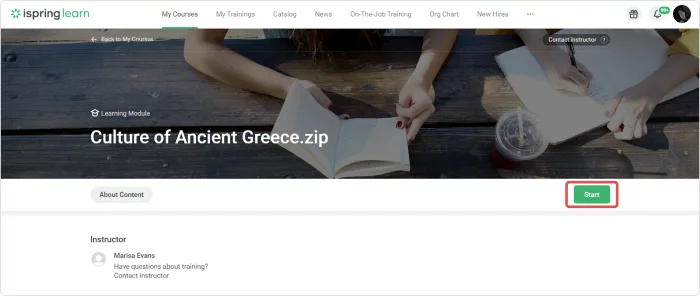 Start course button in the iSpring Learn LMS