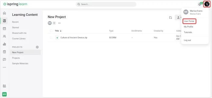 User Portal in iSpring Learn