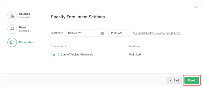 Set up the date and time of enrollment in iSpring Learn / Specify enrollment settings in iSpring Learn