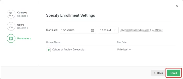 Set up the date and time of enrollment in iSpring Learn / Specify enrollment settings in iSpring Learn