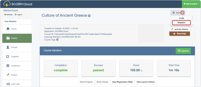 The Dispatch button on SCORM Cloud