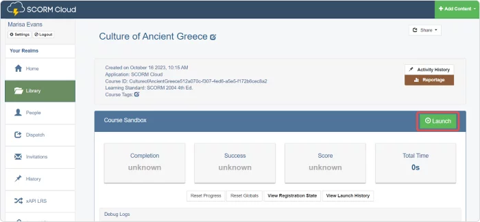 The Launch button on SCORM Cloud