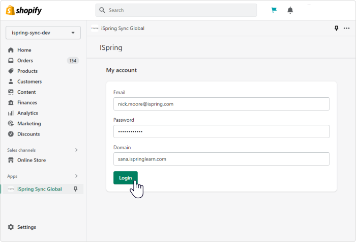 Enter iSpring Learn login details to enable Shopify interagration