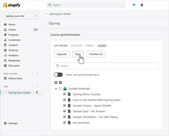 Course synchronization page in the Shopify App Store