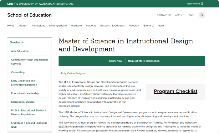 Online Master of Science in Instructional Design and Development by the University of Alabama