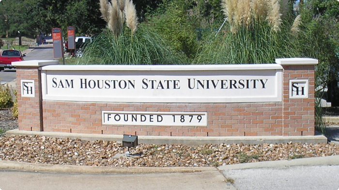 Entrance sign to Sam Houston State University