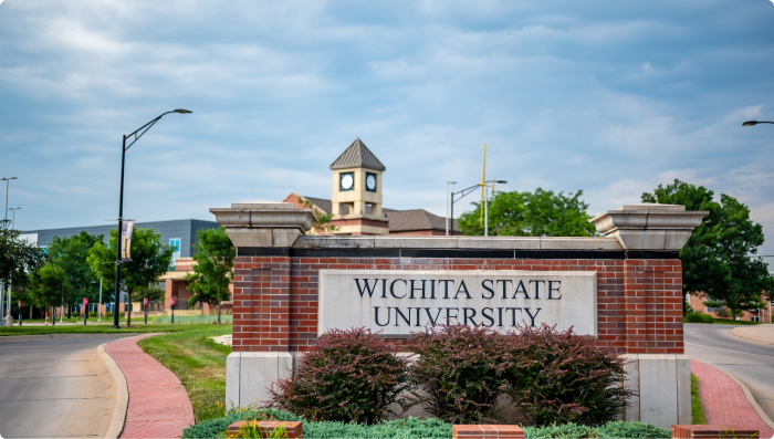 Main entrance sign to Wichita State University central campus