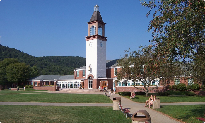 Quinnipiac's Arnold Bernhard Library and clock tower, focus of main campus quadrangle