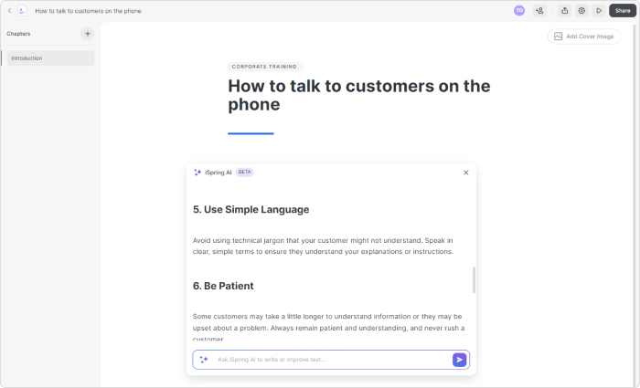 iSpring AI assistant generating a text