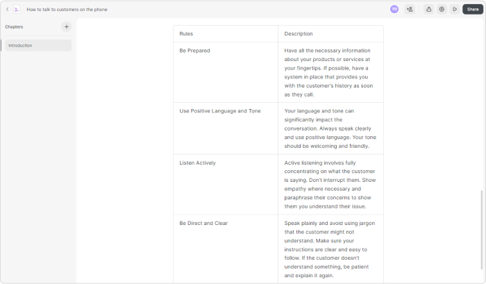 Example of table created with iSpring AI