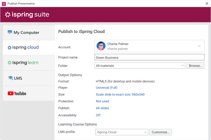 iSpring Suite publishing options