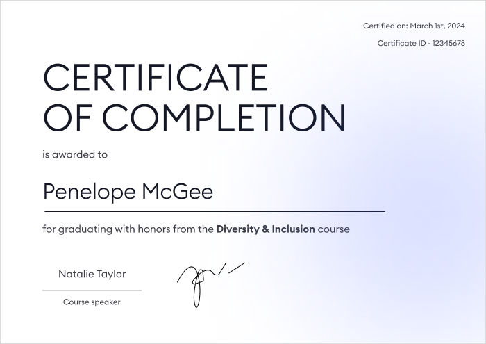 Minimalistic certificate of completion