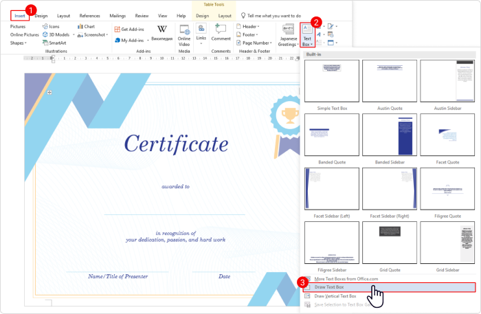 Create customizable certificate in Word