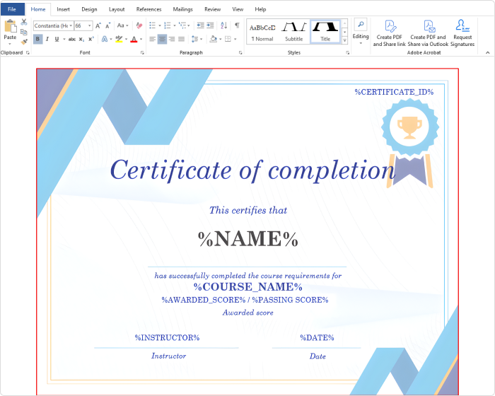 A certificate with variables