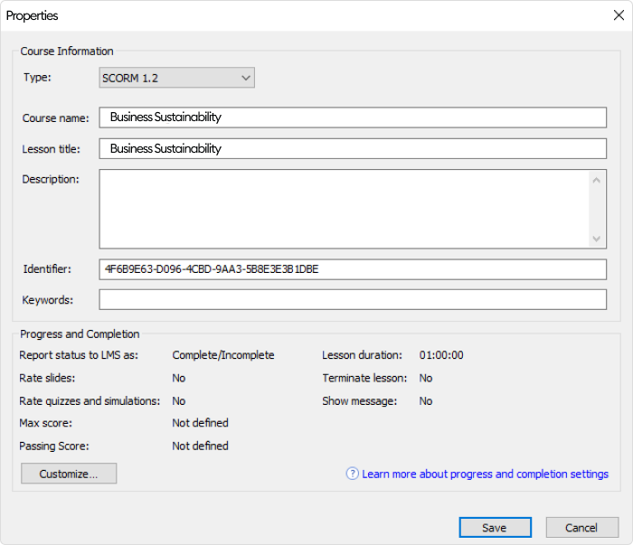 SCORM Customization tab in iSpring Suite