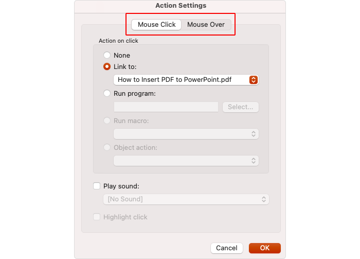 Action Settings field in PowerPoint