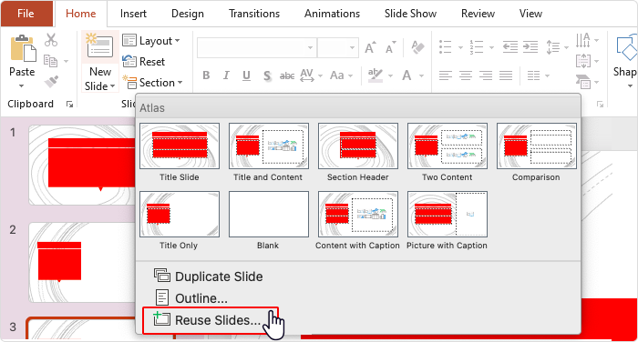 Reuse Slides option in PowerPoint