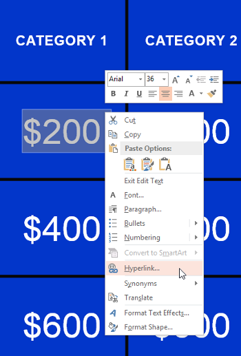 How to link the grid cells to the respective slides in Jeopardy game