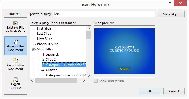 Place in This Document Hyperlink option in PPT