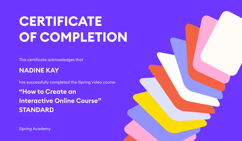 A completion certificate issued by iSpring