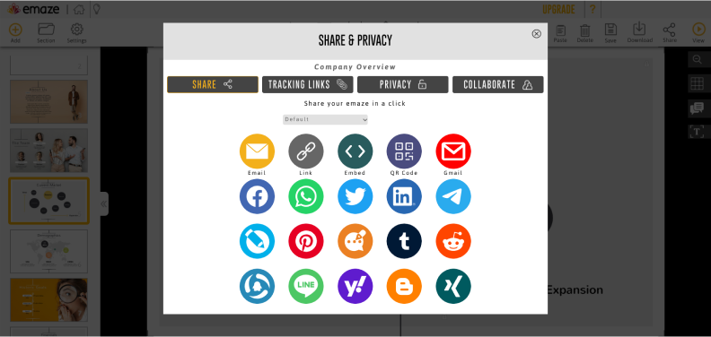Emaze's sharing options