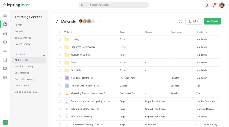 Users' training materials in iSpring Learn