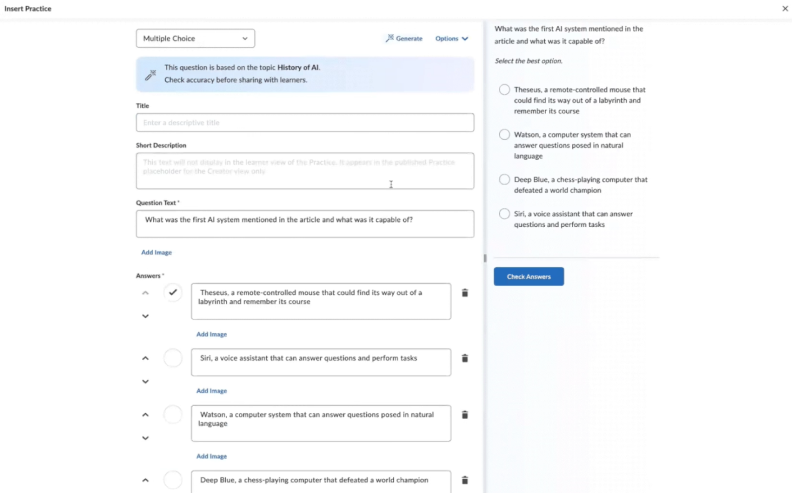 Generative AI capabilities in the Brightspace learning management system