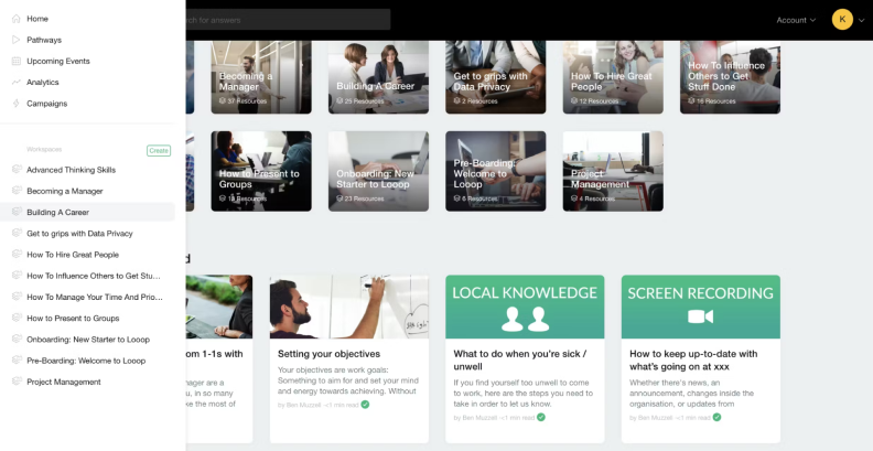 Main screen of the Looop learning management software