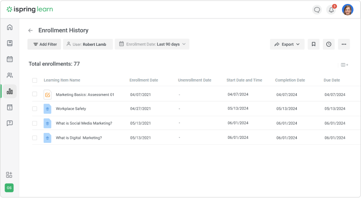 Enrollment History in iSpring Learn