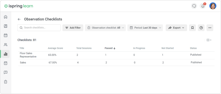 Observation Checklists in iSpring Learn