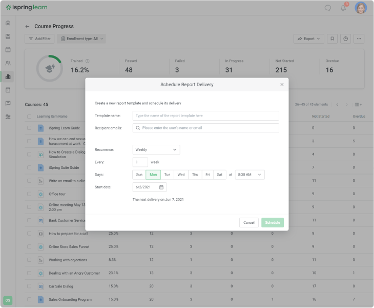 Schedule report delivery in iSpring Learn