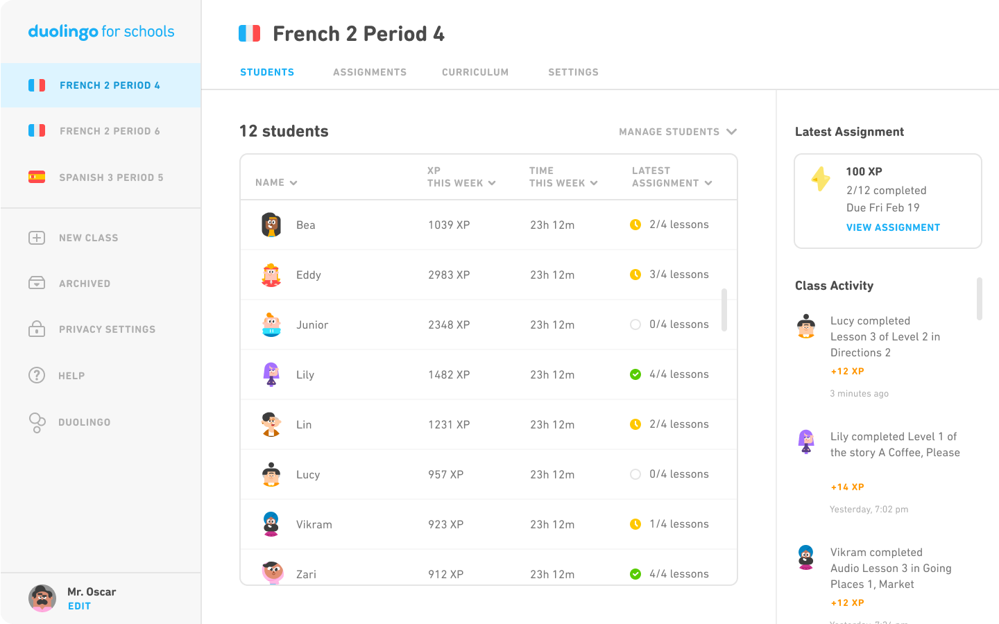 The Duolingo for Schools interface