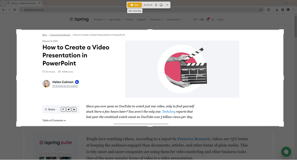 Start recording option in Snipping tool