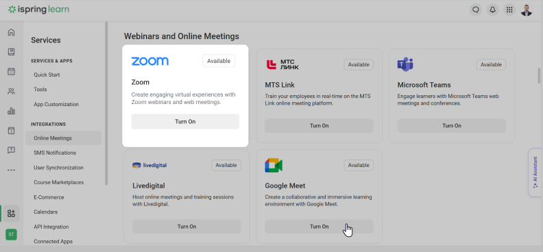 The iSpring Learn LMS integrates with Zoom, Google Meet, Microsoft Teams, and more.