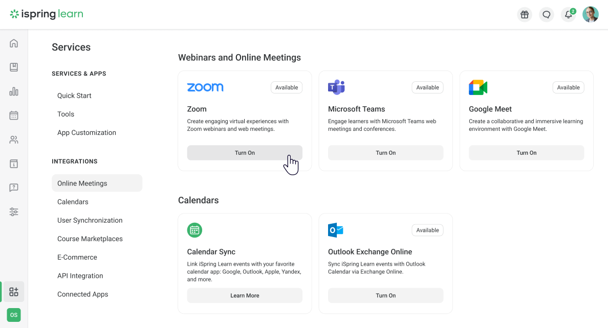 Integrations with online meetings services in the iSpring Learn LMS