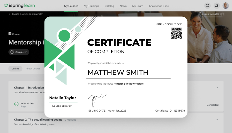 A certificate in the iSpring Learn LMS