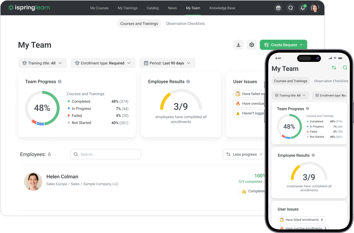 The “My Team” dashboard in iSpring Learn