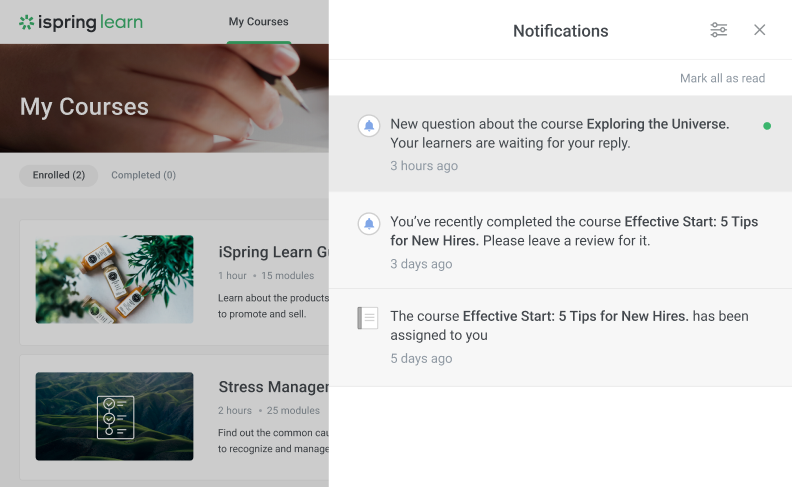 Example of notifications in iSpring Learn