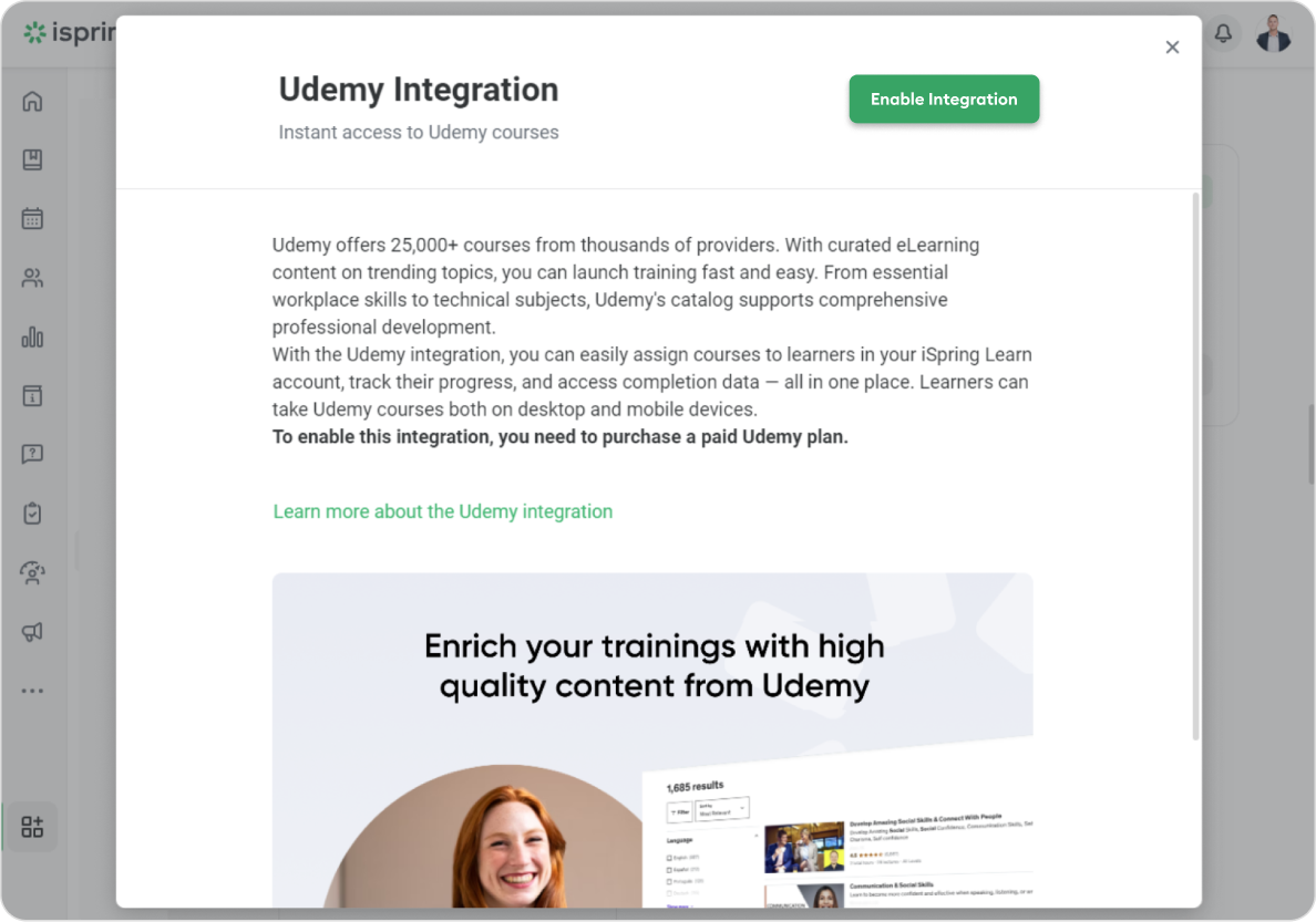 Enabling Udemy integration with iSpring Learn