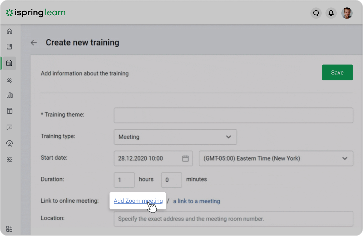 Managing Zoom sessions in iSpring Learn