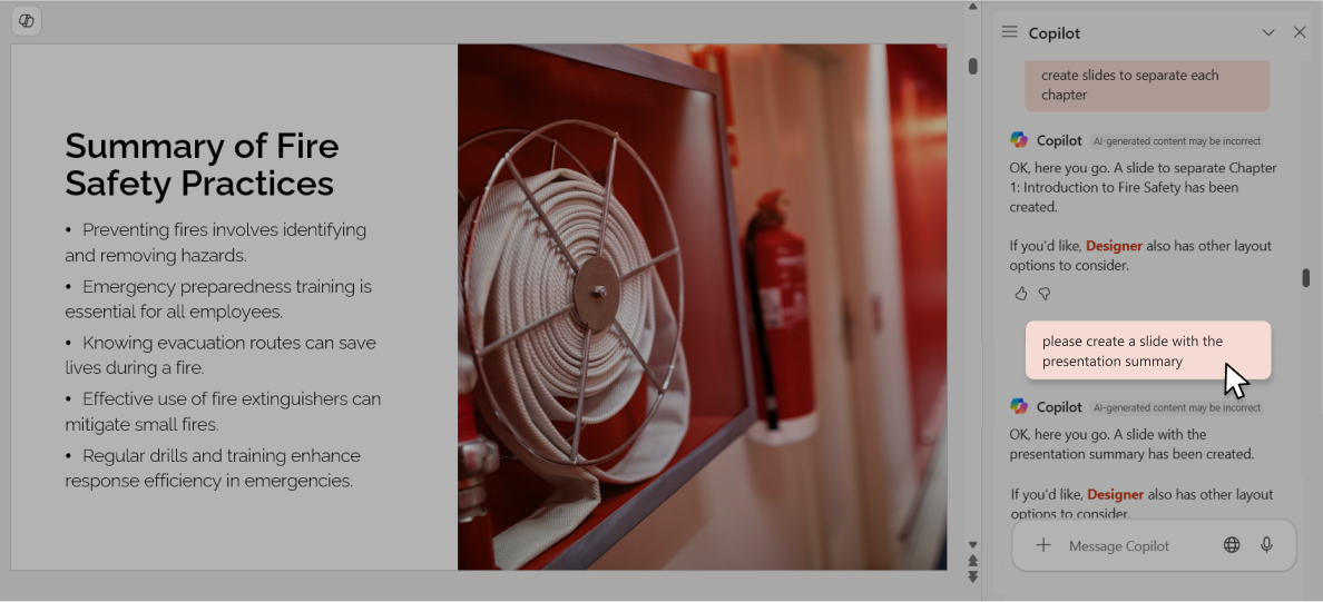 Generating a summary of the presentation with Copilot