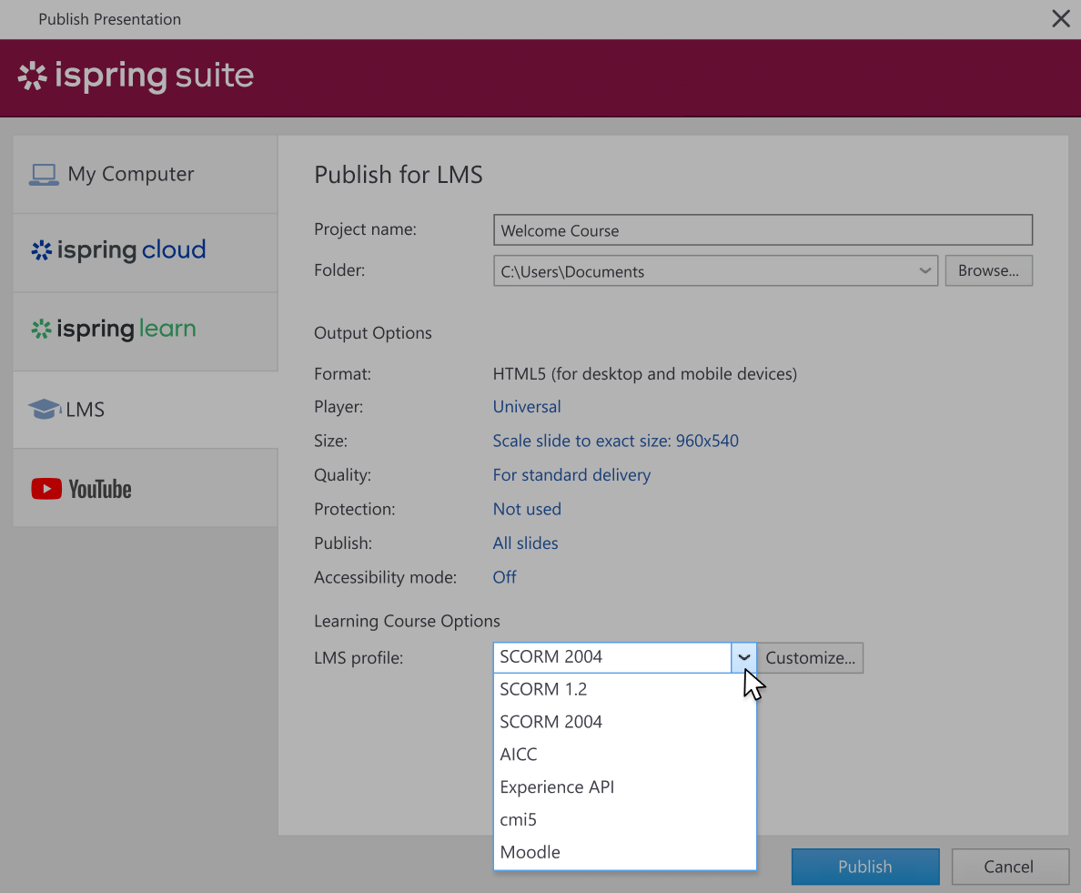 Publishing a presentation created with iSpring Suite