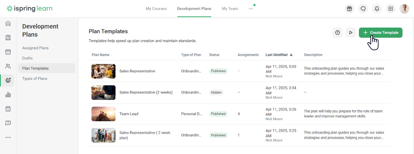 Select Create Template to build a development plan
