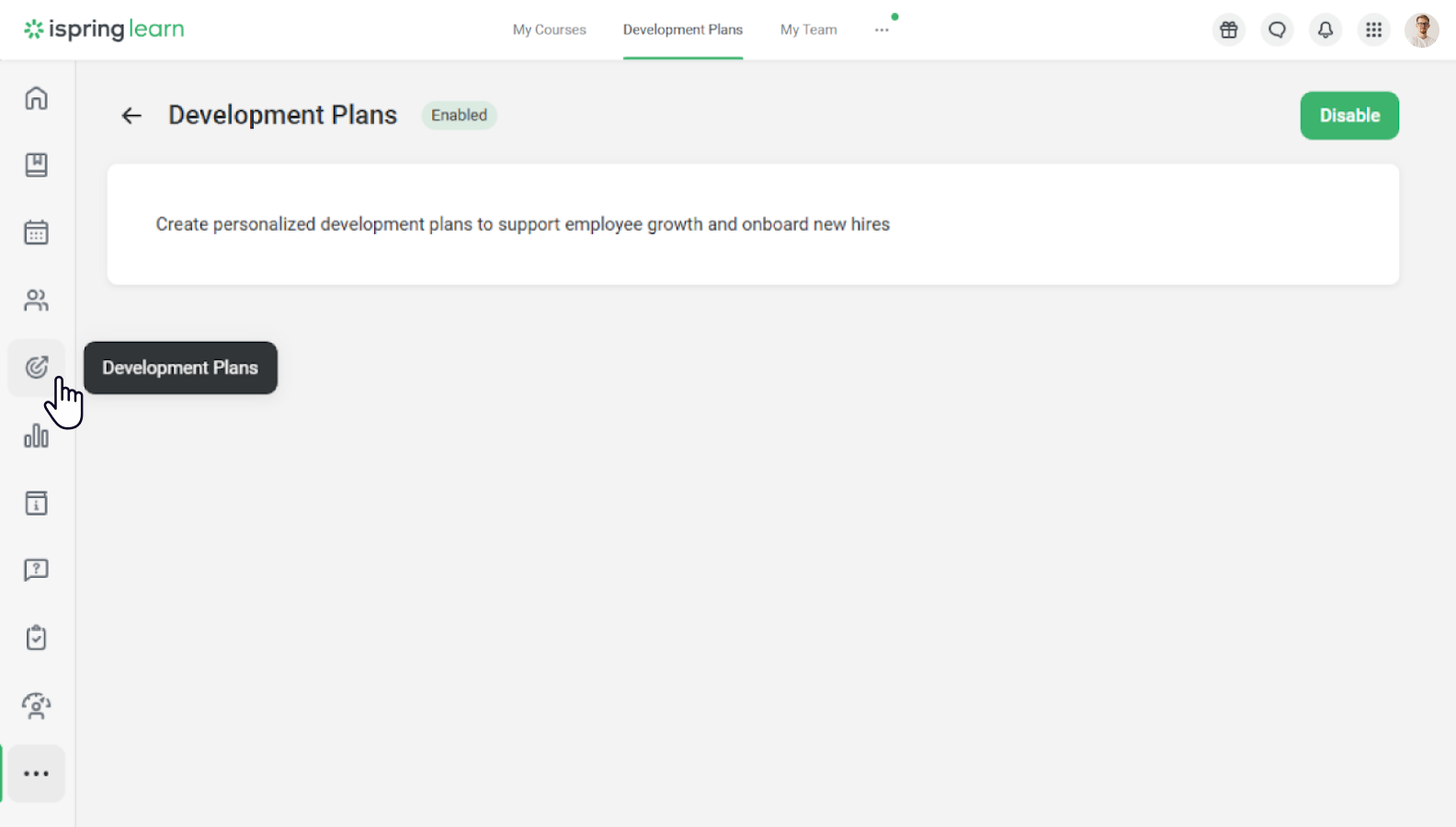 The Development Plans module appears on the sidebar
