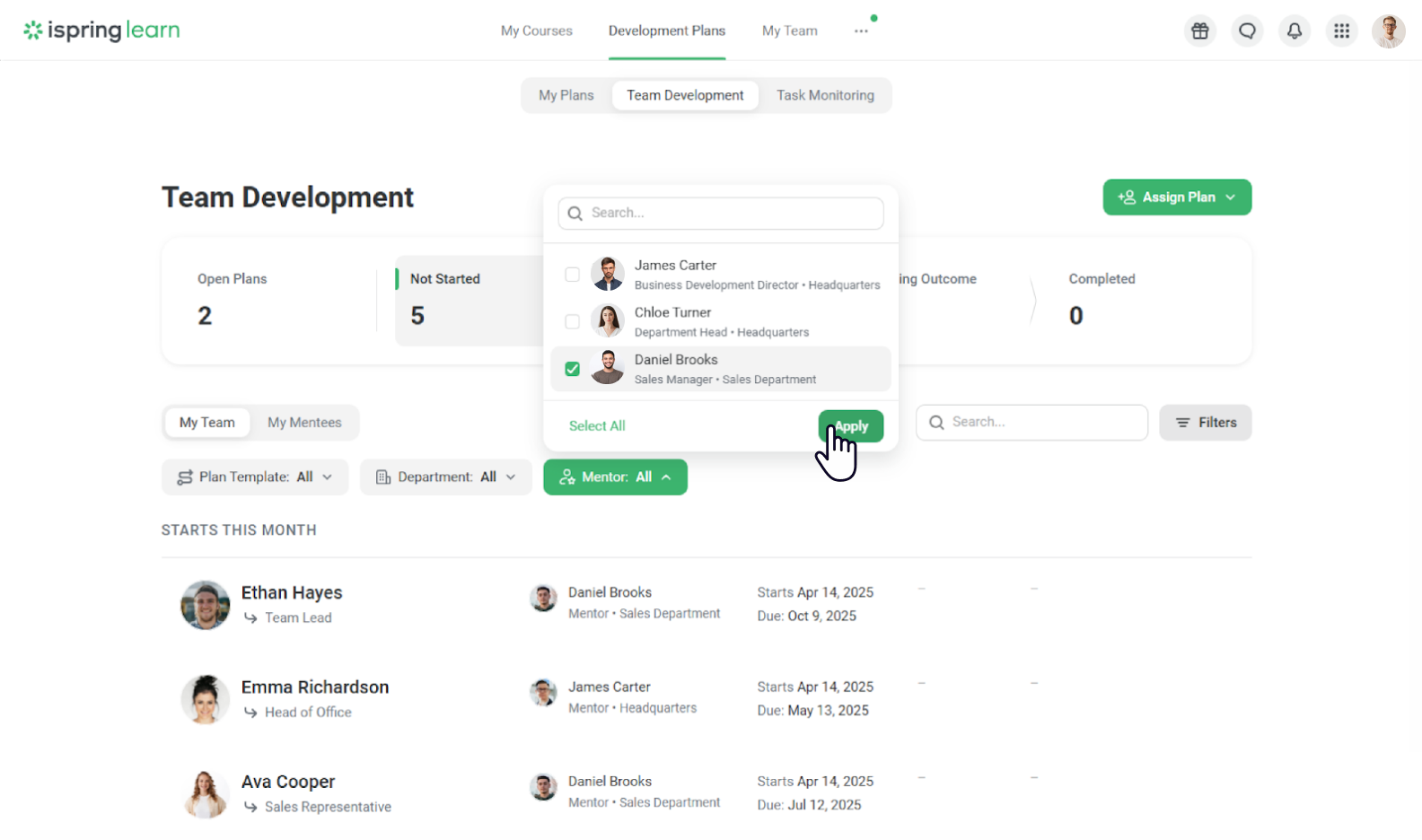 The Team Development dashboard in iSpring Learn